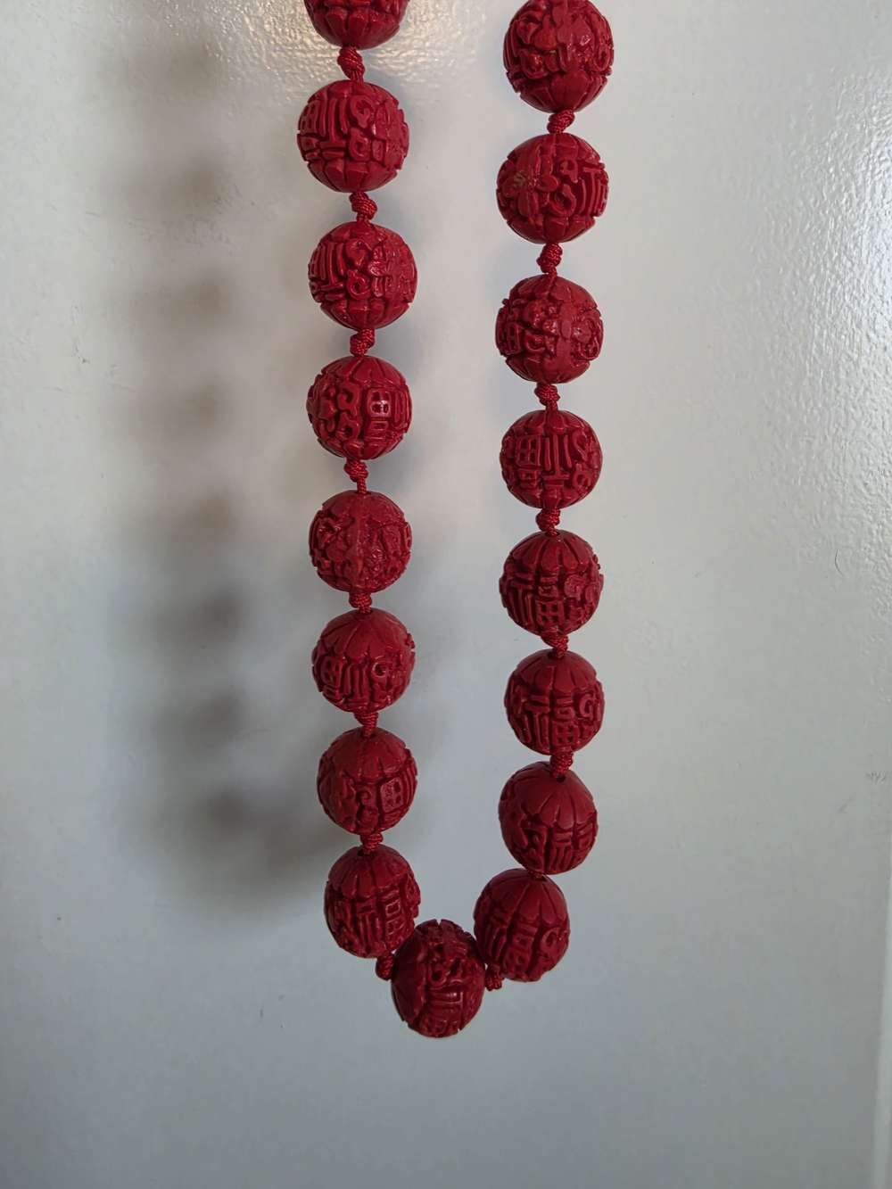 Carved Round red Bead Necklace in Vibrant Red adjustable antique